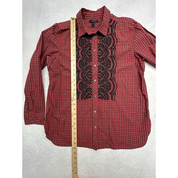 J Crew Shirt Womens 12P Embroidered Beaded Plaid Red Classic Holiday 100% Cotton - Picture 5 of 9